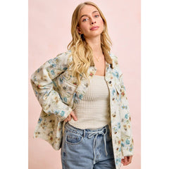 FLOWER PRINTED DENIM JACKET WITH MULTIPLE POCKET