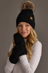 Black Cable Knit Design Pom Hat