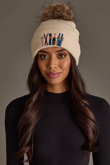 Beige Ski Embroidered Knit Pom Hat