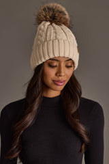 Cream Cable Knit Design Pom Hat