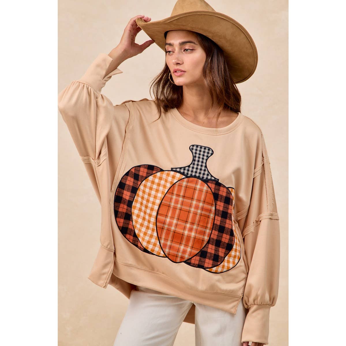 PLAID PUMPKIN PATCHWORK FRENCH TERRY SWEATSHIRT