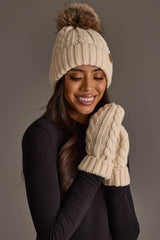 Cream Cable Knit Design Pom Hat