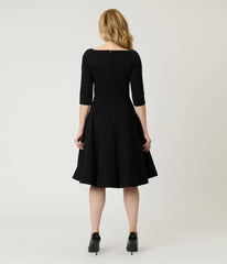 Unique Vintage Black Scalloped Neck Swing Dress