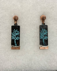 FR5941 Patina Tree of Life Tri-Tone Rectangle Clip Earrings