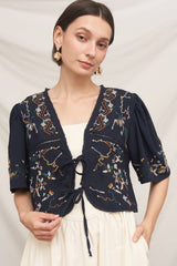Short Sleeve Embroidered Tie-Front Top