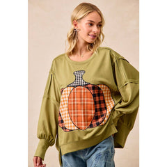 PLAID PUMPKIN PATCHWORK FRENCH TERRY SWEATSHIRT