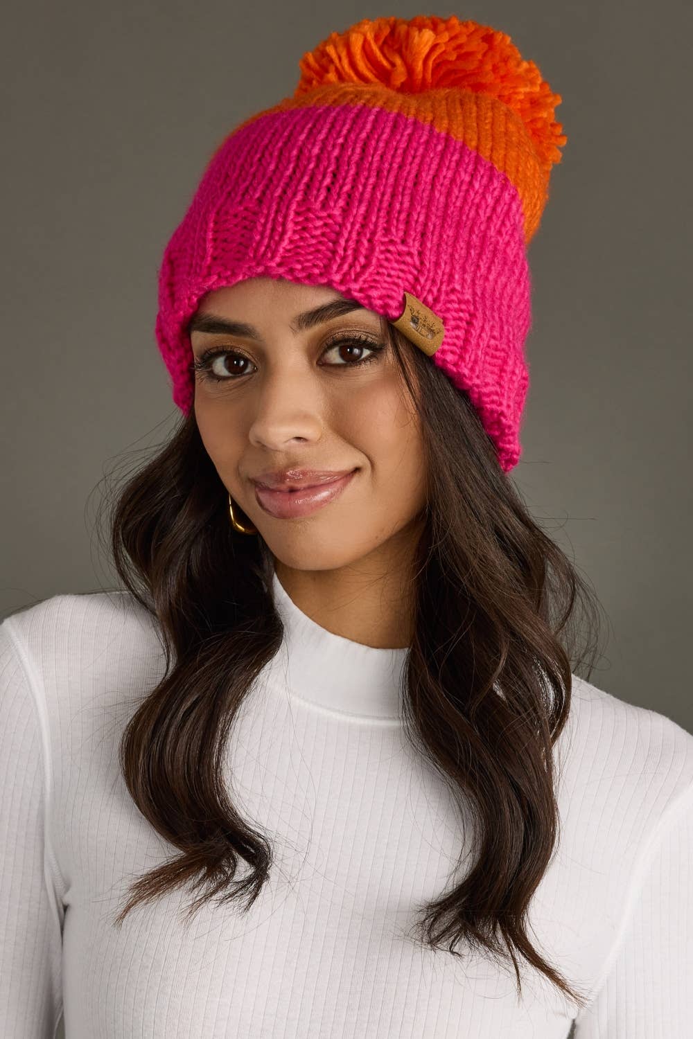 Orange & Pink Color Block Pom Hat