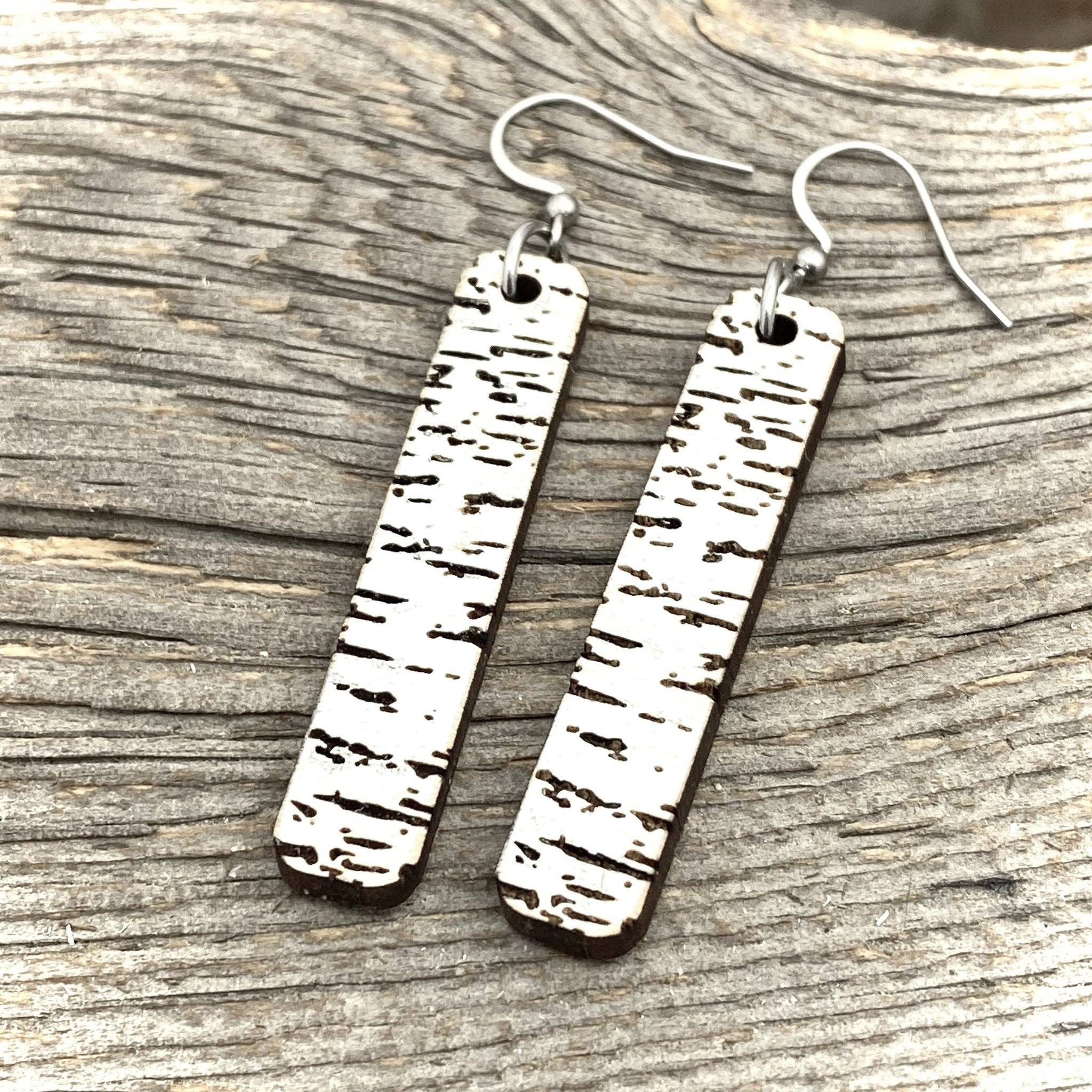 Birch Engraved Wooden earrings, long vertical bar