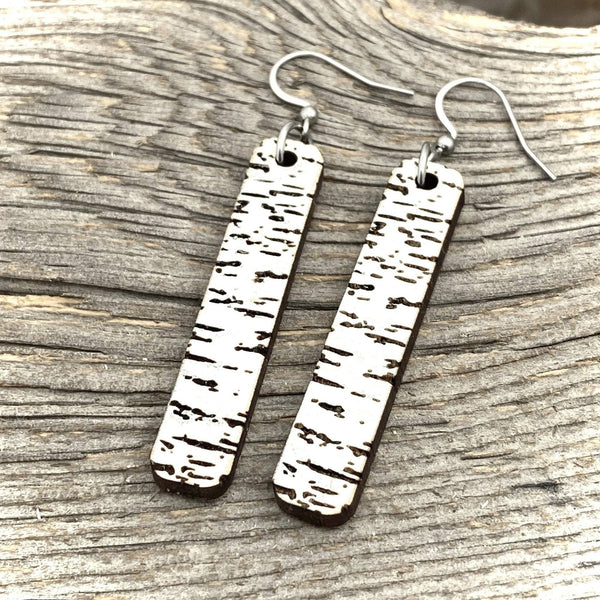 Birch Engraved Wooden earrings, long vertical bar