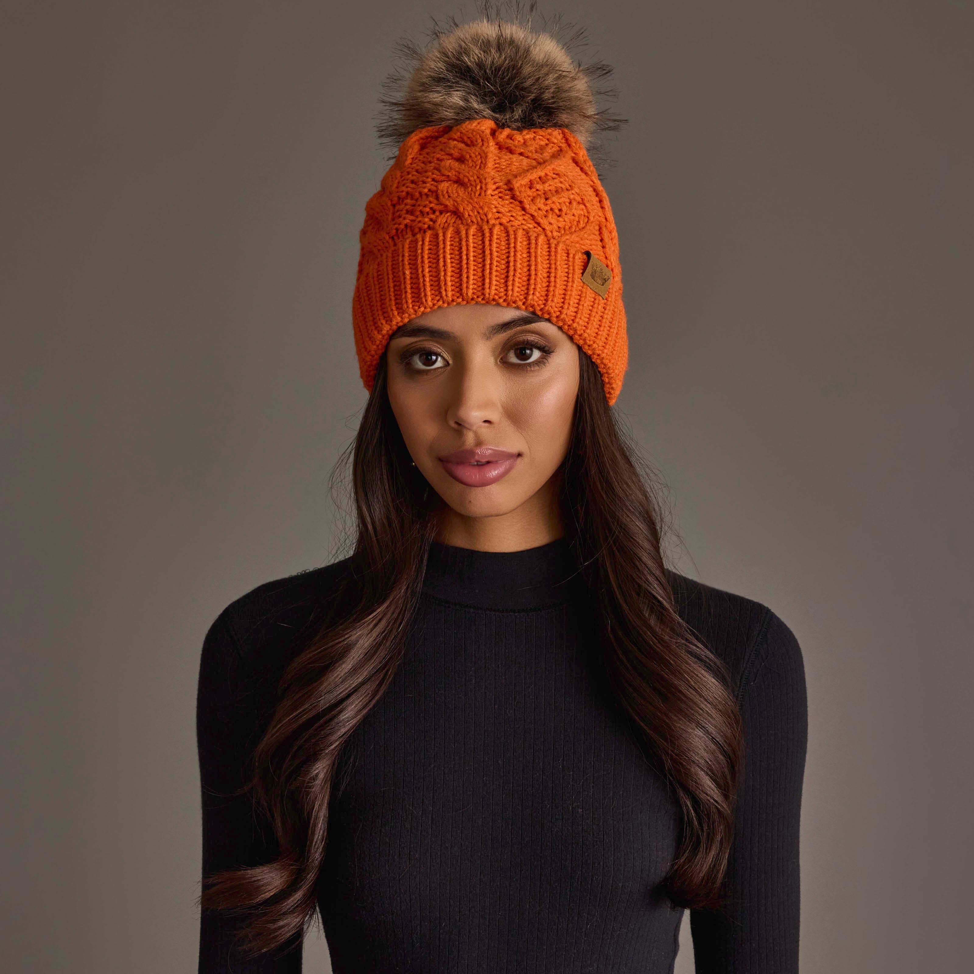 Orange Cable Knit Pom Hat