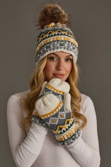 Ivory, Green, Gray & Gold Patterned Pom Hat