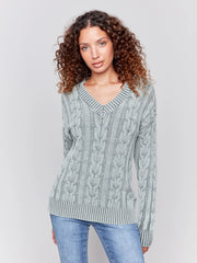 Charlie B C2691-711B V-Neck Cable Knit Sweater in Spruce