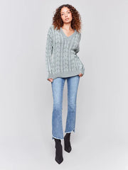 Charlie B C2691-711B V-Neck Cable Knit Sweater in Spruce