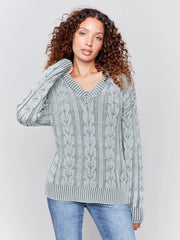 Charlie B C2691-711B V-Neck Cable Knit Sweater in Spruce