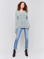 Charlie B C2691-711B V-Neck Cable Knit Sweater in Spruce