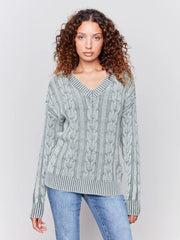 Charlie B C2691-711B V-Neck Cable Knit Sweater in Spruce