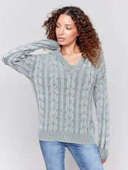 Charlie B C2691-711B V-Neck Cable Knit Sweater in Spruce