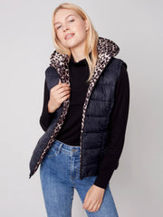 Charlie B Reversible Hooded Leopard/Black Puffer Jacket with Removable Sleeves C6152X - 903A