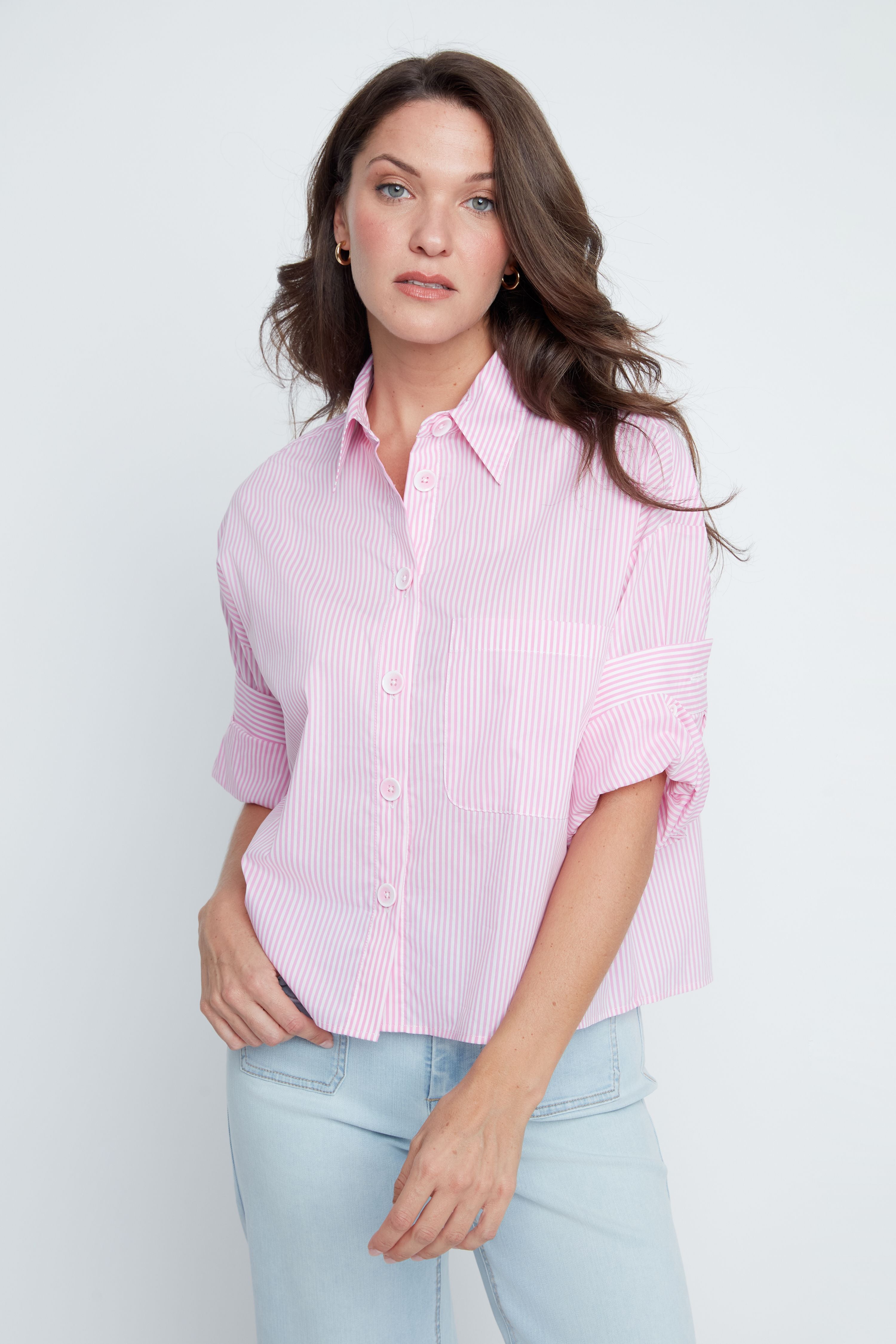 Renuar Striped Woven Blouse with Folding Puff Sleeve R5213
