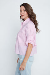 Renuar Striped Woven Blouse with Folding Puff Sleeve R5213