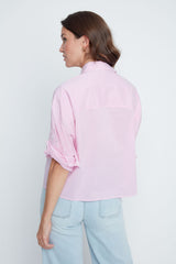 Renuar Striped Woven Blouse with Folding Puff Sleeve R5213