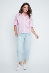 Renuar Striped Woven Blouse with Folding Puff Sleeve R5213