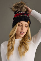 Black Cardinal Pattern Pom Hat
