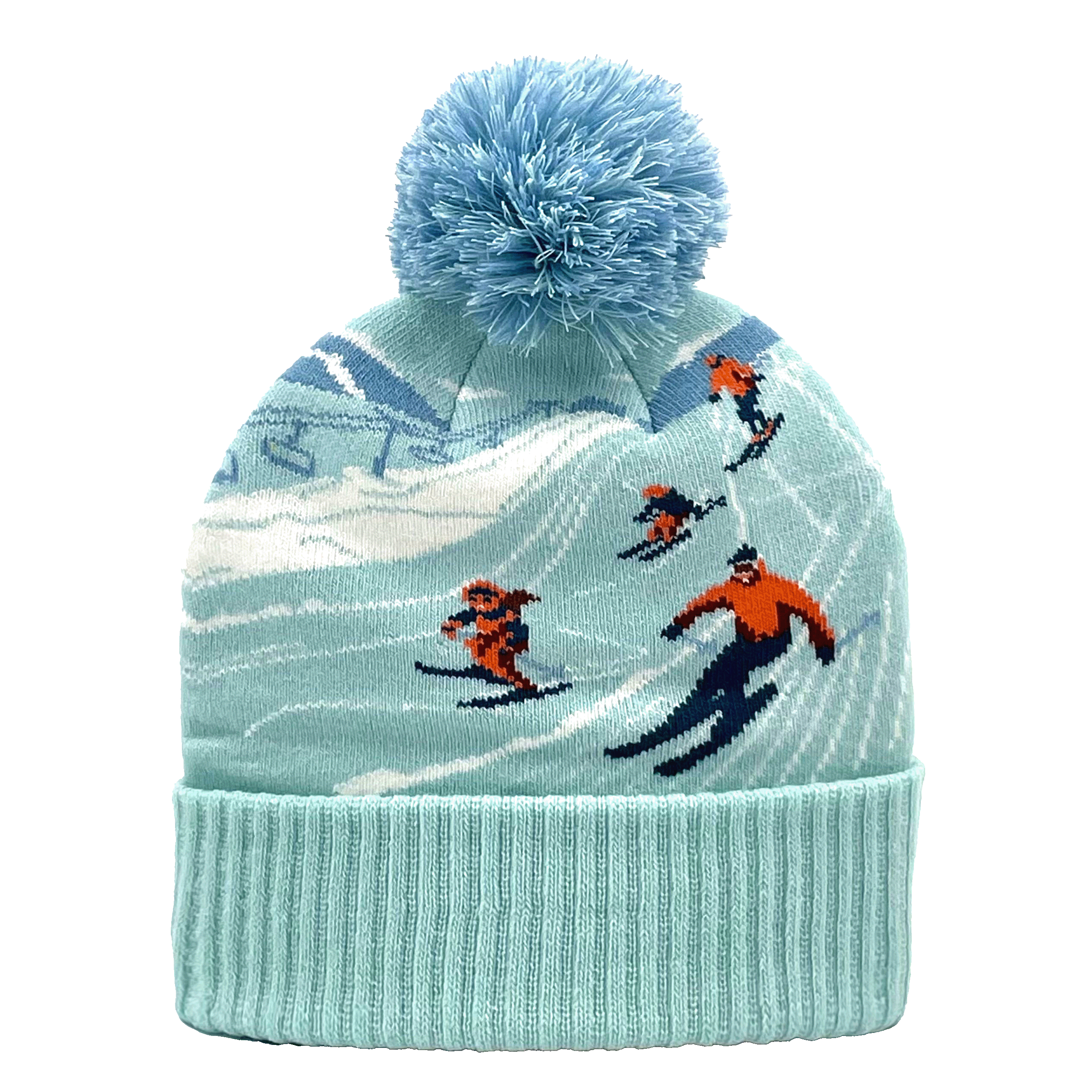 Winter Skiing Pattern Knit Beanie with Pom Pom for Ski Resorts and Snow Trips