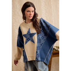 PAISLEY DENIM COMBO FRENCH TERRY STAR PATCH TOP