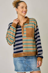 71493 Mixed Stripe Suede Accent Polo Pullover