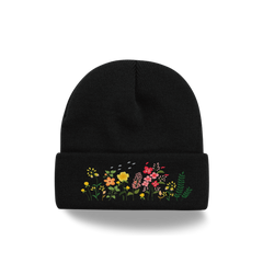 Wildflower Embroidered Knit Beanie – Botanical Cuff Winter Hat
