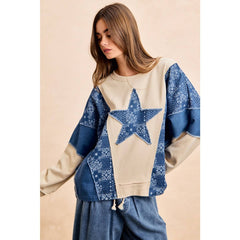 PAISLEY DENIM COMBO FRENCH TERRY STAR PATCH TOP