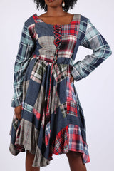 Lace-Up Denim Plaid Patchwork Dress