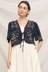 Short Sleeve Embroidered Tie-Front Top