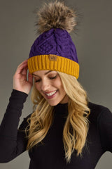 Purple & Gold Trim Cable Knit Pom Hat