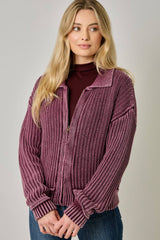 61683 Washed Ribbed Zip-Up Sweater