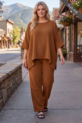 PLUS SIZE 100% Cotton Poncho Style Top + Pull On Pant Set
