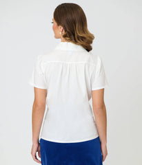 Unique Vintage White & Bee Embroidered Notch Collar Blouse