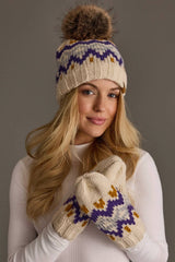 Cream, Gold, Purple & Gray Patterned Pom Hat