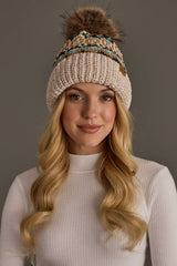 Beige & Multicolored Patterned Chenille Pom Hat