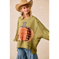 PLAID PUMPKIN PATCHWORK FRENCH TERRY SWEATSHIRT