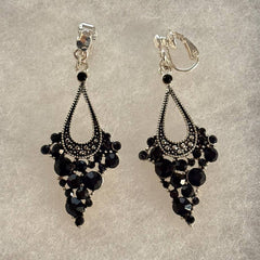 FR7266 JET Rhinestone Clip-On Chandelier Earrings