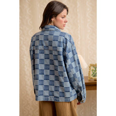 WASHED CHECKER DENIM JACKET WITH OVERSIZED POCKET