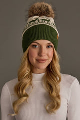Olive & Beige Deer Patterned Pom Hat