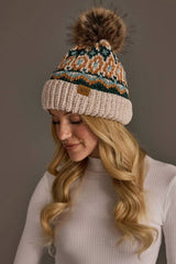 Beige & Multicolored Patterned Chenille Pom Hat