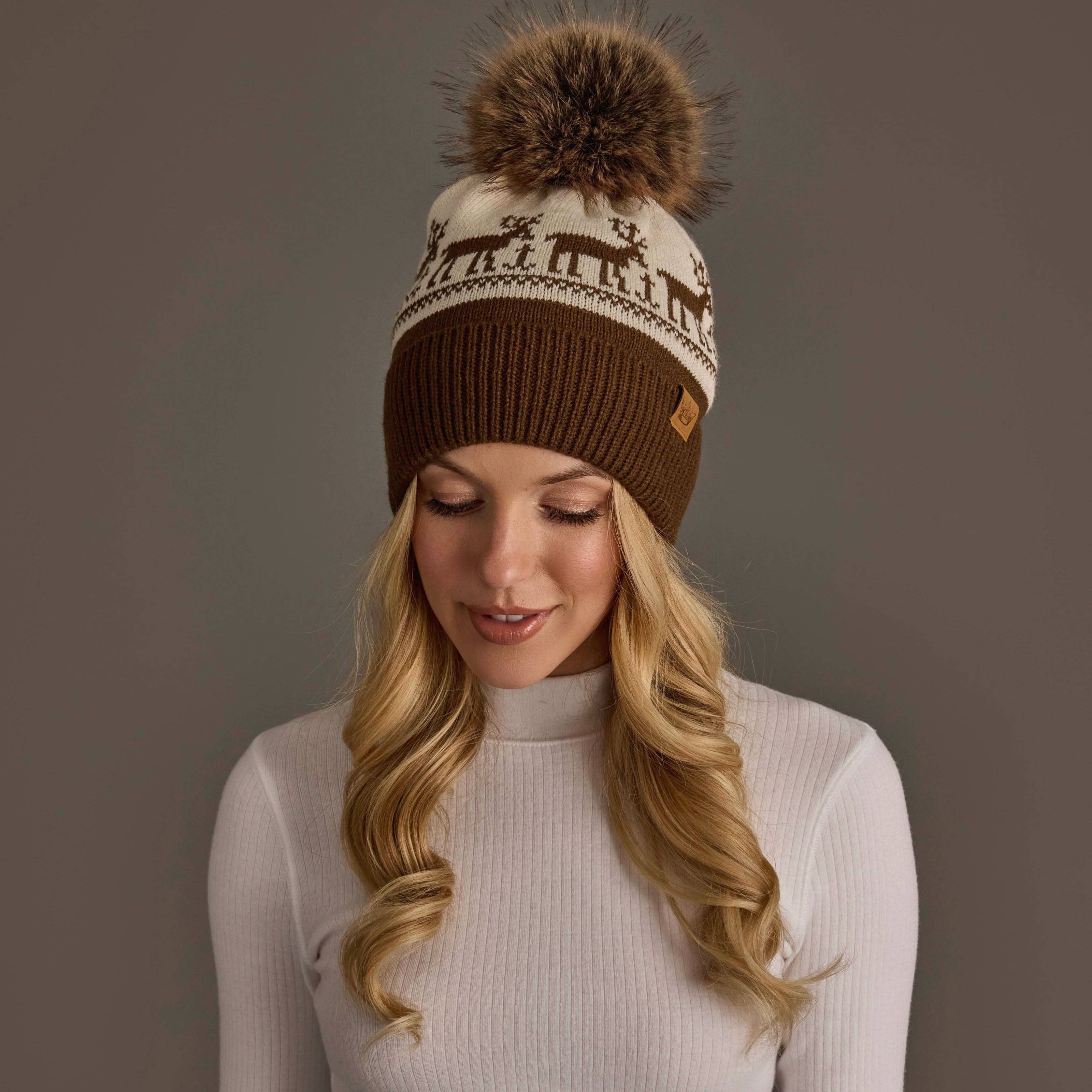 Brown & Beige Deer Patterned Pom Hat
