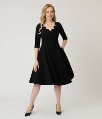 Unique Vintage Black Scalloped Neck Swing Dress