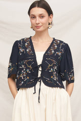 Short Sleeve Embroidered Tie-Front Top