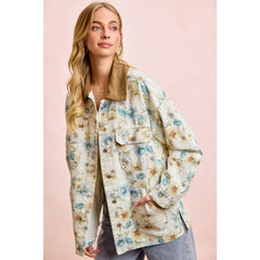 FLOWER PRINTED DENIM JACKET WITH MULTIPLE POCKET