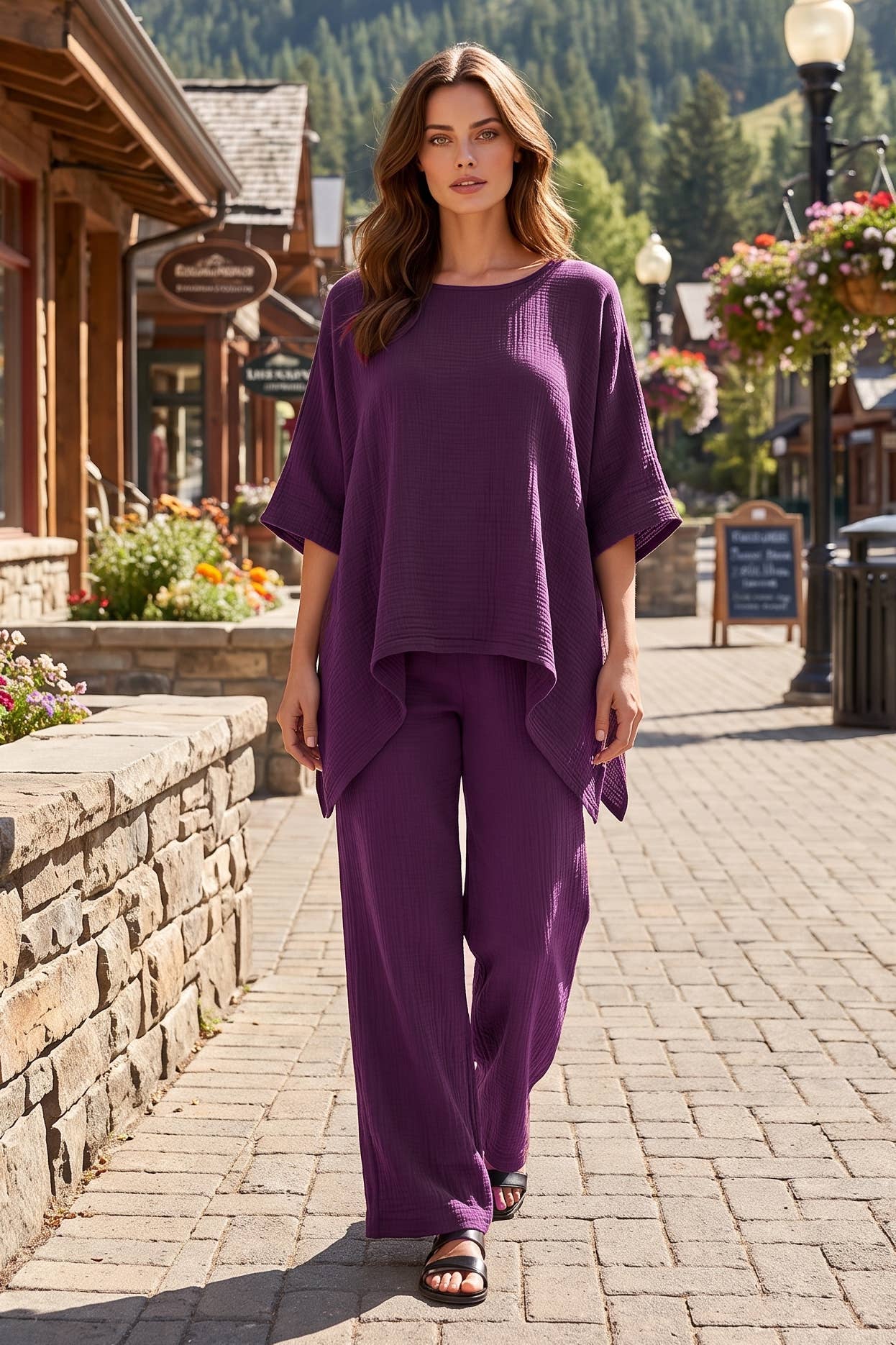 100% Cotton Poncho Style Top + Pull On Pant Set